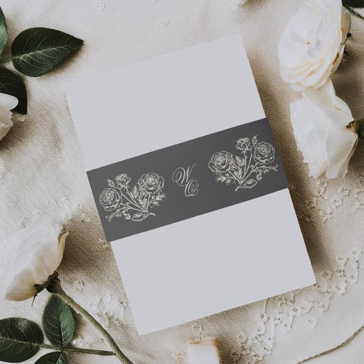 クラシック炭モノグラムフォーマル花模様結婚ズ 招待状ベリーバンド