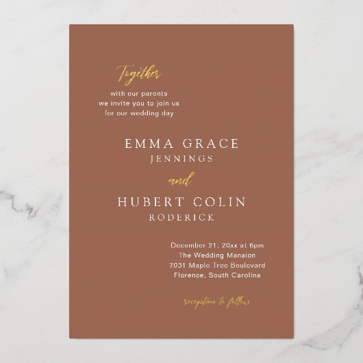 クラシック燃えたオレンジ色のエレガントな結婚式 箔招待状 (正面)