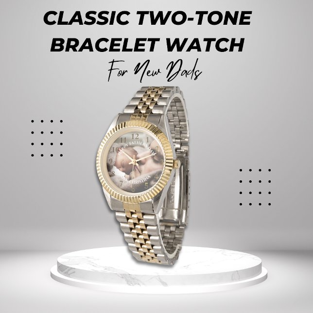 クラシック父の日の写真メパーソナライズされたッセージ 腕時計 (CLASSIC TWO-TONE GOLD SILVER BRACELET WATCH FOR NEW DADS)