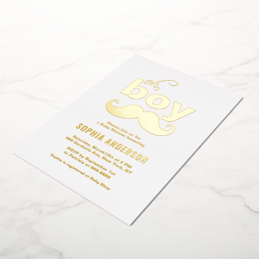 クラシック男の子の口ひげ赤ちゃんシャワー 箔招待状 (回転した状態)