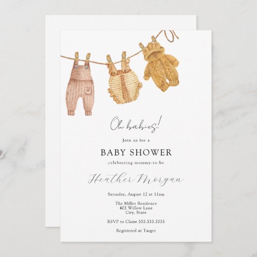 クラシック男女兼用ツインベイビーシャワー招待状 招待状 (正面/裏面)