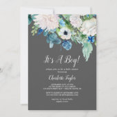 クラシック白い花グレー男の子のシャワー 招待状 (正面)