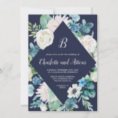 クラシック白い花ネイビーダイアモンド結婚ズ 招待状 (正面)