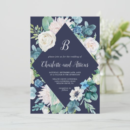 クラシック白い花ネイビーダイアモンド結婚ズ 招待状 (スタンド正面)