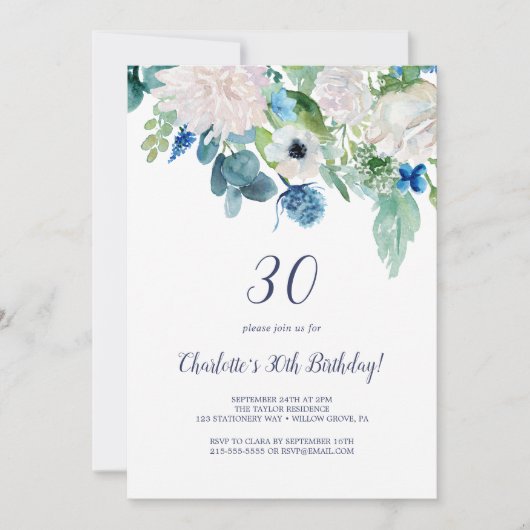 クラシック白い花30歳の誕生日パーティー 招待状 (正面)