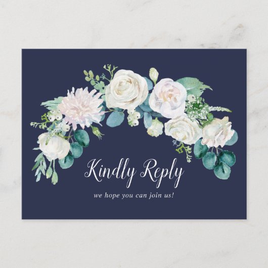 クラシック白い花 |ネイビーソングリクエストRSVP インビテーションポストカード (正面)