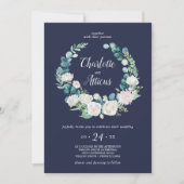 クラシック白い花 |ネイビーリースカジュアル結婚ズ 招待状 (正面)