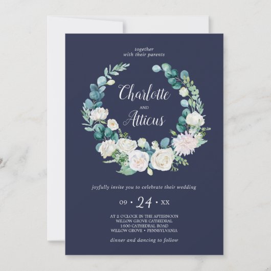 クラシック白い花 |ネイビーリースカジュアル結婚ズ 招待状 (正面)