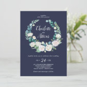 クラシック白い花 |ネイビーリースカジュアル結婚ズ 招待状 (スタンド正面)