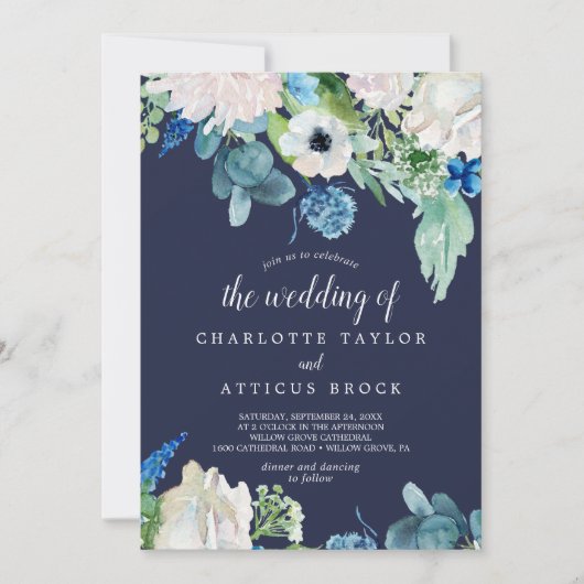 クラシック白い花 |ネイビー結婚ズ・オブ 招待状 (正面)