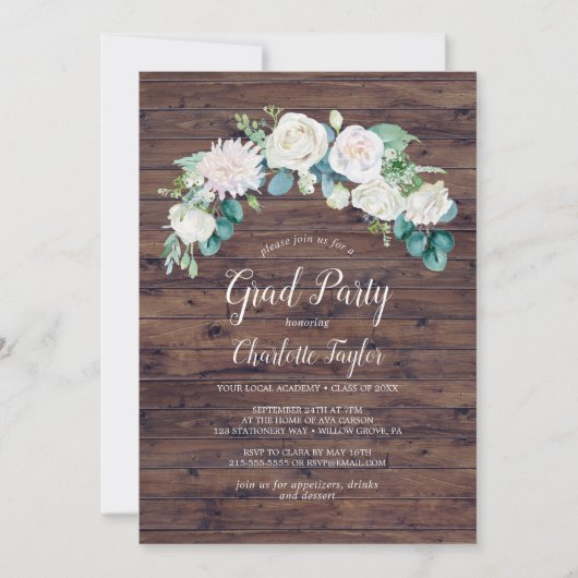 クラシック白い花 |卒業素朴パーティー 招待状 (正面)