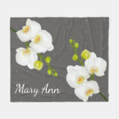 クラシック白い蘭の花とグレーの名前 フリースブランケット (正面(横))