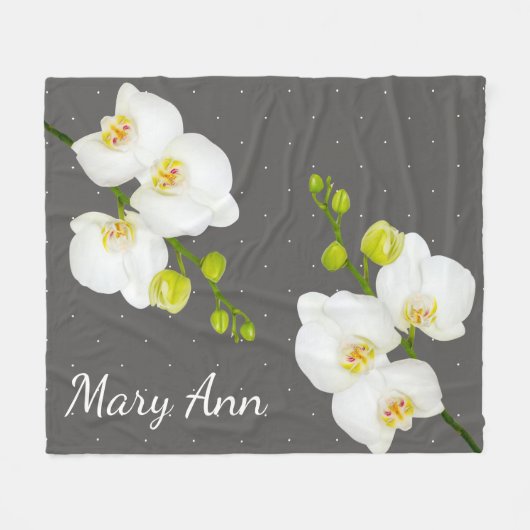 クラシック白い蘭の花とグレーの名前 フリースブランケット (正面(横))