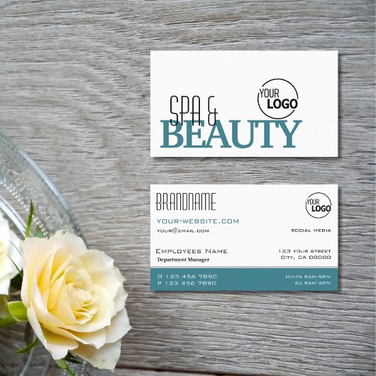 クラシック白とティール(緑がかった色)シンプルのロスタイリッシュゴ付き 名刺