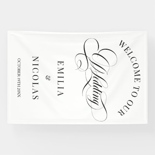 クラシック白と黒の結婚歓迎サイン 横断幕 (横)