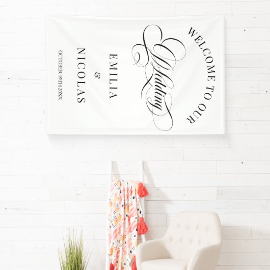 クラシック白と黒の結婚歓迎サイン 横断幕 (インサイチュ)