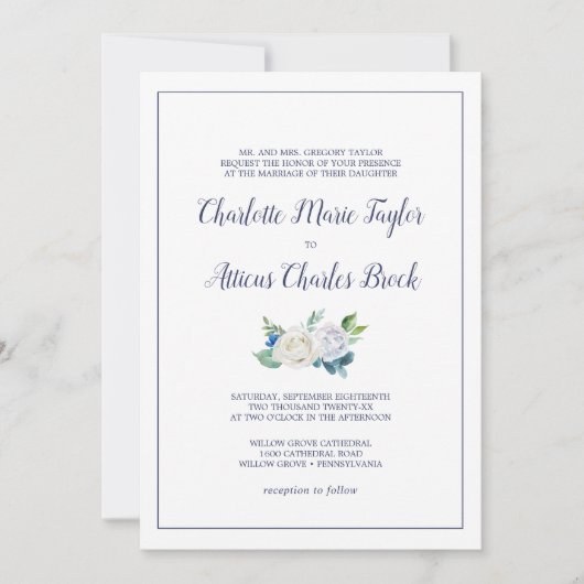 クラシック白フォーマル花結婚の 招待状 (正面)