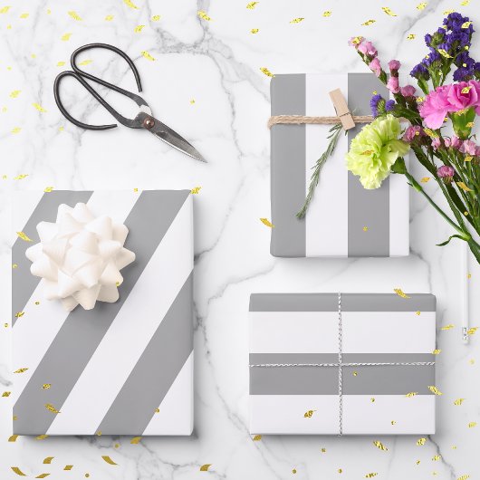 クラシック白灰色ヴィンテージストライプ ラッピングペーパーシート