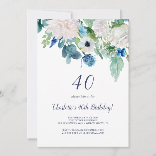 クラシック白花40歳の誕生日パーティー 招待状 (正面)
