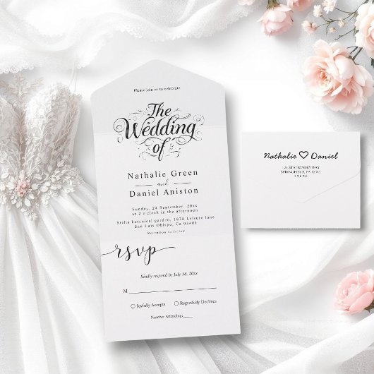 クラシック白黒の書道の結婚脚本 オールインワン招待状