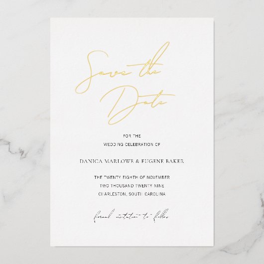 クラシック白黒の結婚式の日付を保存 箔招待状 (正面)