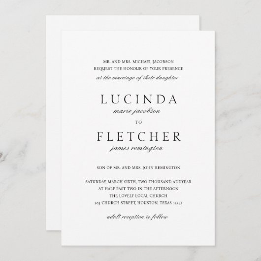 クラシック白黒エレガフォーマルントウェディング 招待状 (正面/裏面)