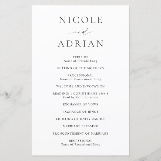 クラシック白黒エレガントな結婚式プログラム (正面)