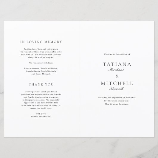 クラシック白黒エレガントな結婚式プログラム (正面)