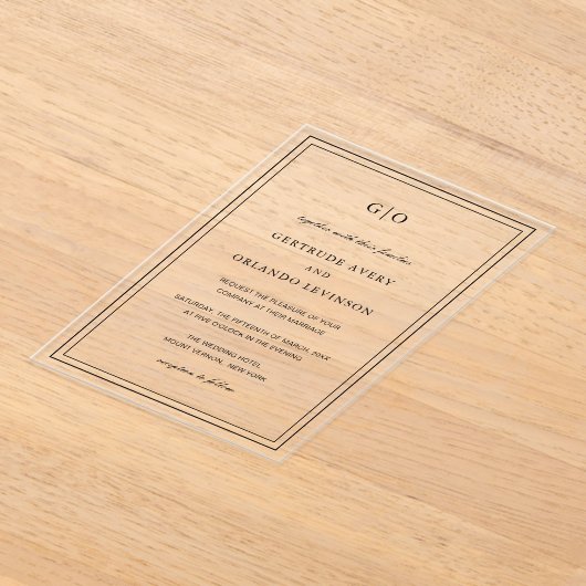 クラシック白黒エレガントな結婚式 アクリル招待状 (レイダウン)