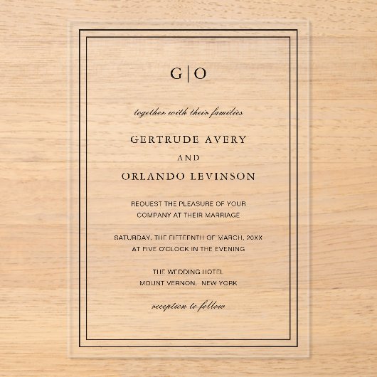 クラシック白黒エレガントな結婚式 アクリル招待状 (正面)