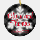 クラシック白黒エレガント格子雪フレーク セラミックオーナメント (正面)