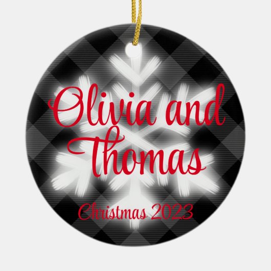 クラシック白黒エレガント格子雪フレーク セラミックオーナメント (正面)