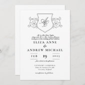 クラシック白黒クレストモノグラム結婚ズ 招待状 (正面/裏面)