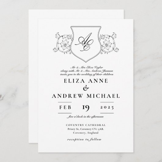 クラシック白黒クレストモノグラム結婚ズ 招待状 (正面/裏面)