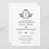 クラシック白黒クレストモノグラム結婚ズ 招待状 (正面/裏面)