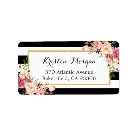 クラシック白黒ストライプピンクフローラデコール ラベル (正面)