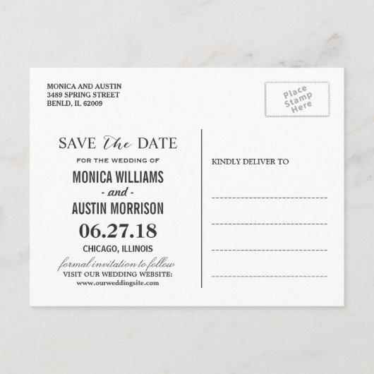 クラシック白黒ストライプフローラ日付の保存 案内ポストカード (裏面)