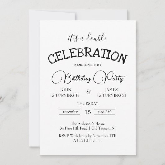 クラシック白黒ダブルバースデーパーティー 招待状 (正面)