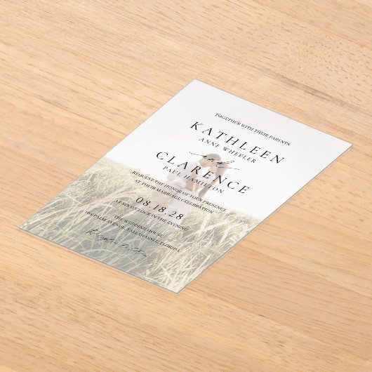 クラシック白黒フォトエレガントな結婚式 アクリル招待状 (レイダウン)