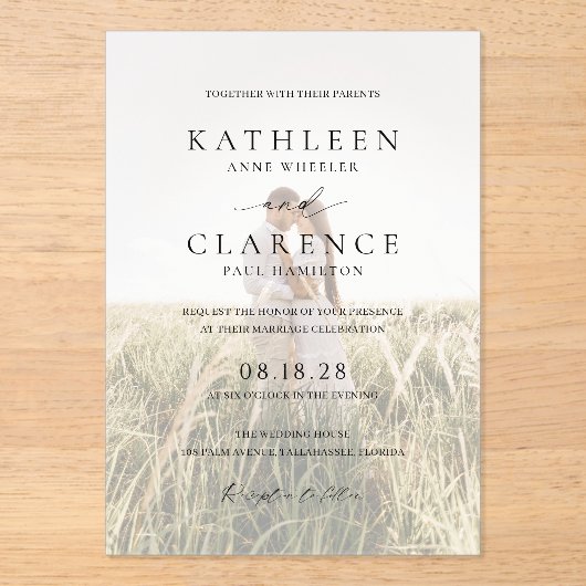 クラシック白黒フォトエレガントな結婚式 アクリル招待状 (正面)