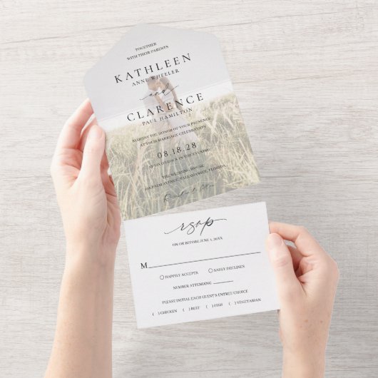 クラシック白黒フォトエレガントな結婚式 オールインワン招待状 (貼ってはがせる)