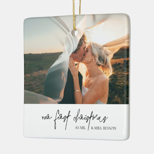 クラシック白黒フォト初めてのクリスマス セラミックオーナメント (左)