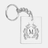 クラシック白黒フローラクレストモノグラム キーホルダー (正面左)
