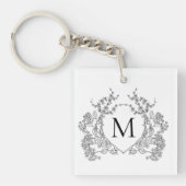 クラシック白黒フローラクレストモノグラム キーホルダー (正面)