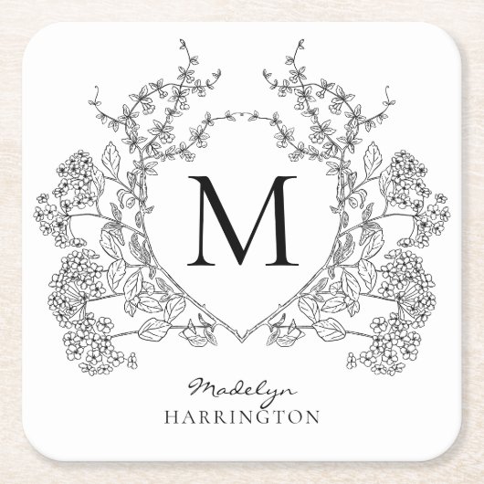 クラシック白黒フローラクレストモノグラム スクエアペーパーコースター (正面)