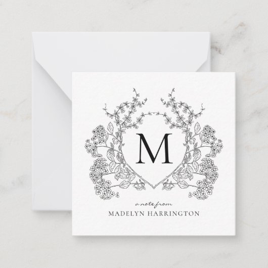 クラシック白黒フローラクレストモノグラム ノートカード (正面)