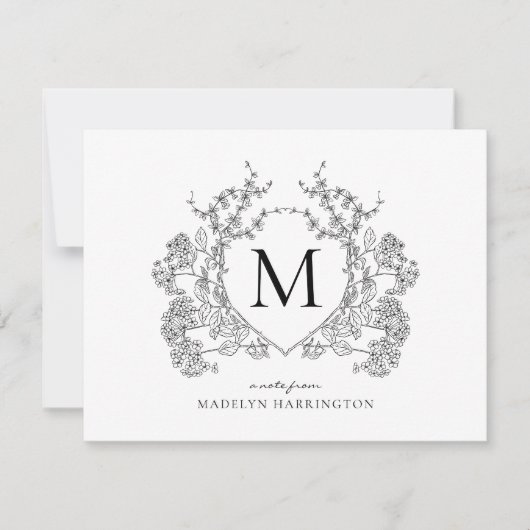 クラシック白黒フローラクレストモノグラム ノートカード (正面)