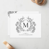 クラシック白黒フローラクレストモノグラム ノートカード (正面/裏面インサイチュ)