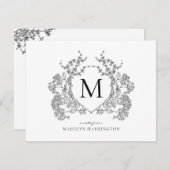 クラシック白黒フローラクレストモノグラム ノートカード (正面/裏面)