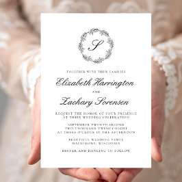 クラシック白黒モノグラムリーススクリプト 招待状